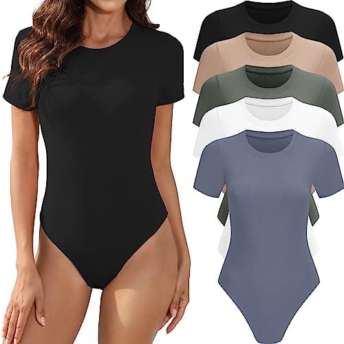 MLYENX 5 Pack Body Suits for Womens Short Sleeve Round Neck Casual Stretchy Basic T Shirt Bodysuit Tops XL