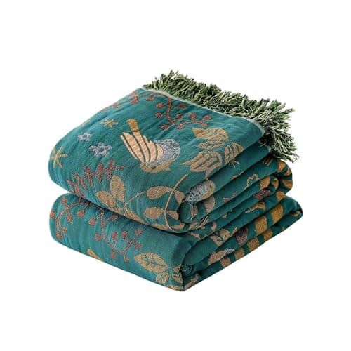 Wzvzss Boho Throw Blanket - 100% Cotton Soft Throw Blanket for Bed, 90"x108" Reversible Breathable Lightweight Summer Blankets, All Seasons Farmhouse Decor Floral Plant Bird Throw Quilt