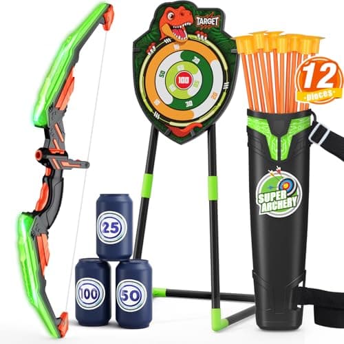 HYES Bow and Arrow for Kids, LED Light Up Archery Set with 12 Suction Cup Arrows, 1 Standing Target, 3 Score Targets & 1 Quiver, Indoor Outdoor Sport Gifts for Boys Girls Ages 4-12, Green