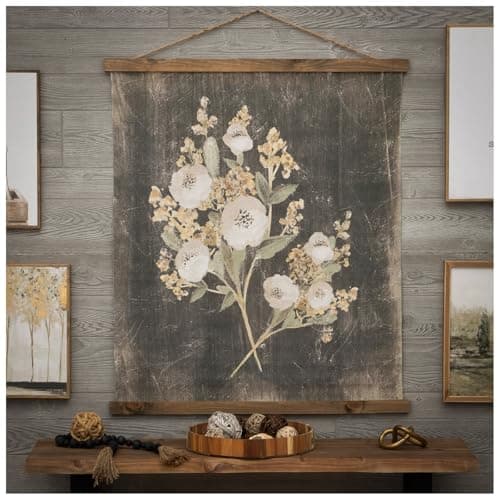Hobby Lobby Vintage Floral Tapestry Wall Decor Canvas MDF Rectangle Vertical Includes Hanging Rope Distressed Black Background Wooden Frame Muted Tones