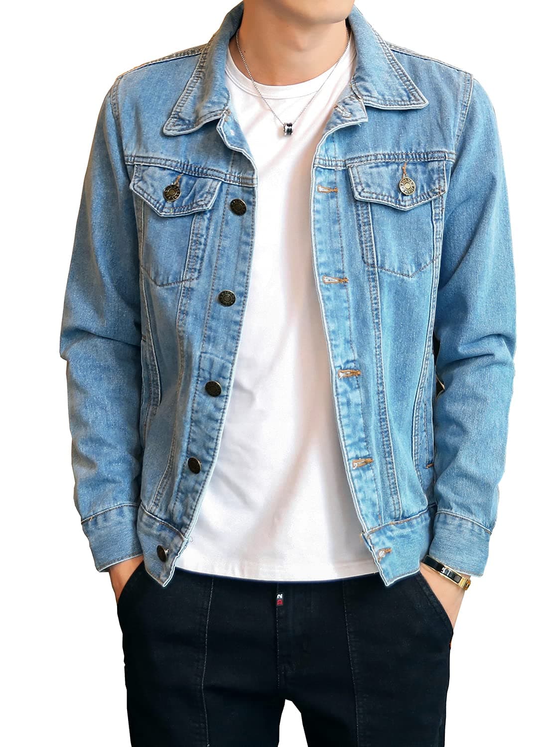DAVIDANN Mens Classic Denim Trucker Jacket Casual Jean CoatLight BlueMedium