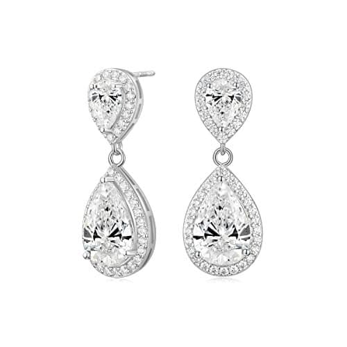 EAMTI Silver Dangle Earrings for Women Cubic Zirconia Teardrop 925 Sterling Silver Post Bridal Wedding Rhinestone Earring