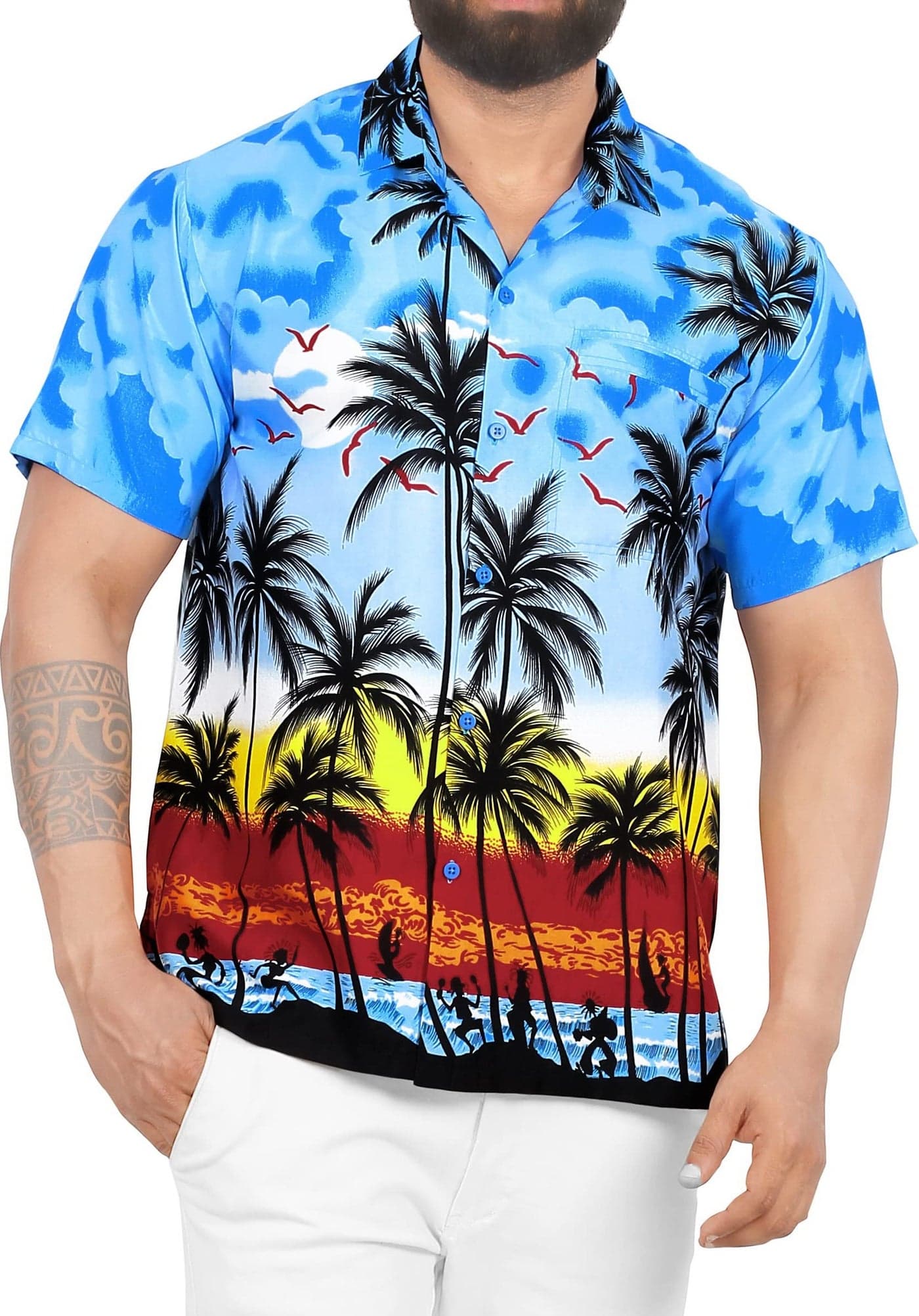 LA LEELA Men's Hawaiian Shirts Short Sleeve Button Down Shirt Mens Party Shirts Casual Vacation Tropical Shirts for Men Funny M Island View Blue