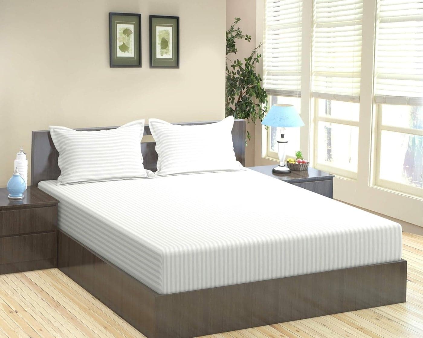 Bombay Dyeing 300 Thread Count Cotton Satin Stripe King Size Bedsheet, 274cm x 274cm, White