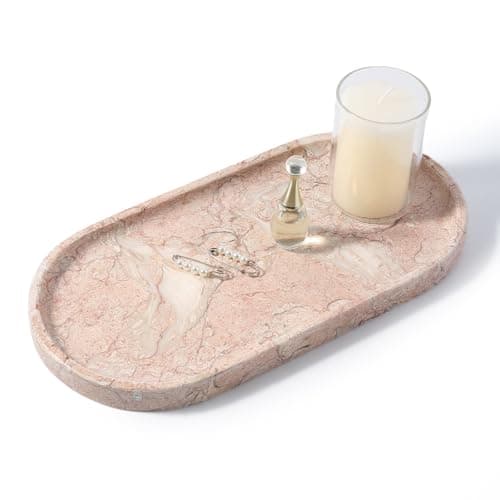 Koville Pink Marble Tray for Bathroom Countertop, Vanity Tray Stone Trays for Decor, Natural Marble Decorative Tray for Dresser Organizer, Storage Trays for Perfume, Jewelry, Cosmetics(Coquille Pink)