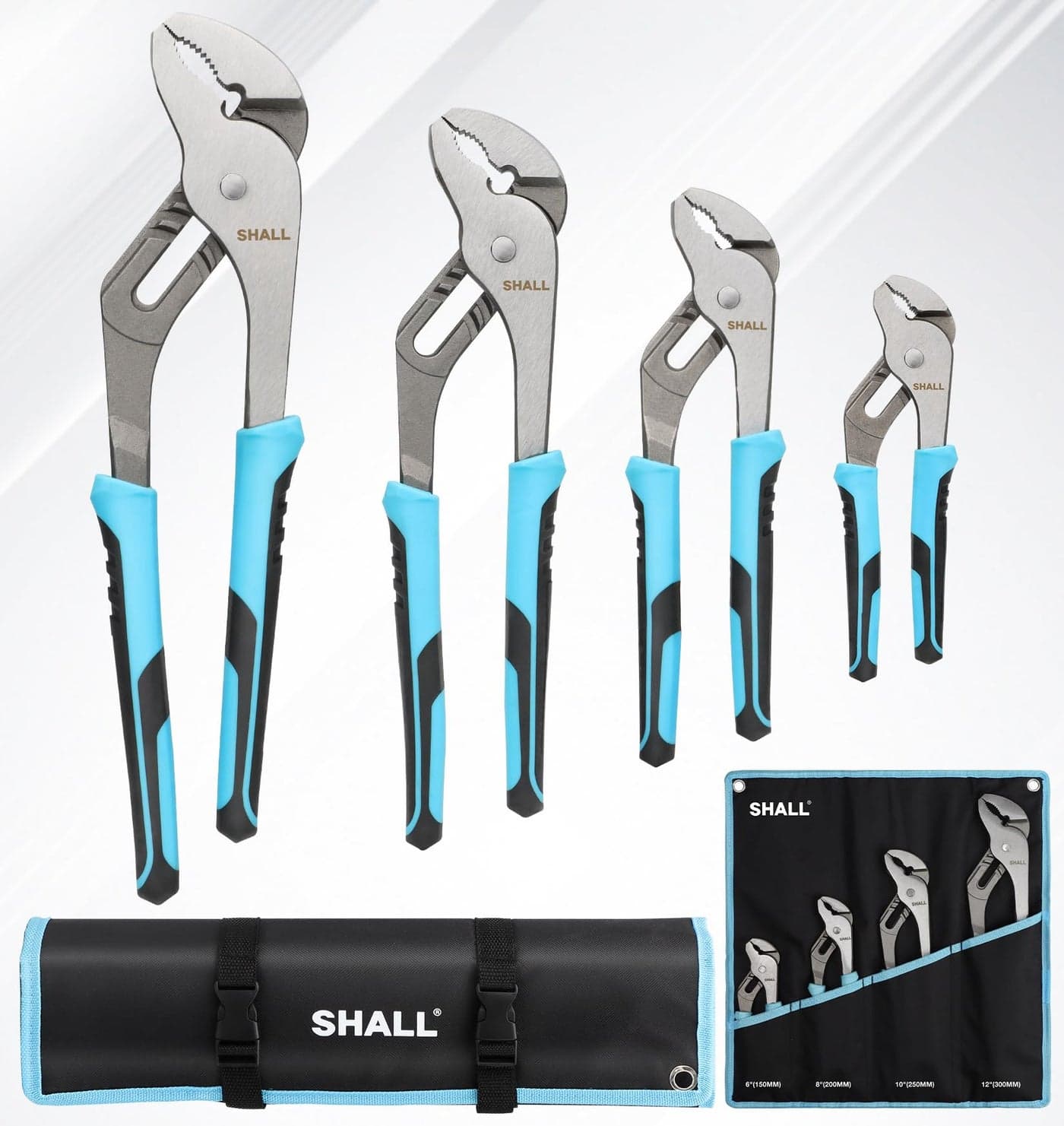 SHALL 4Piece Groove Joint Pliers Set 121086 Inch Adjustable Water Pump Pliers with Cushion grip Tongue and Groove Pliers wTool Roll Bag for Home Repair Plumbing Gripping Nuts Bolts