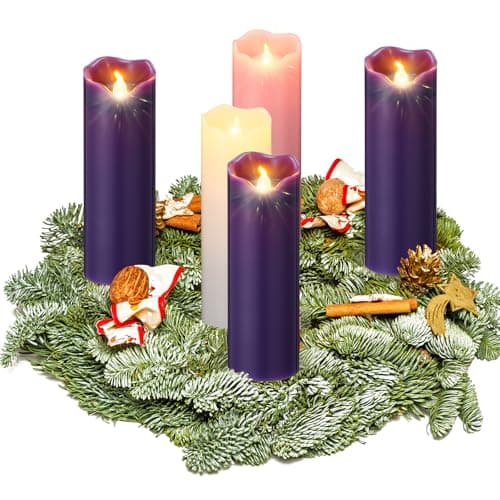 Cindeer 2 x 6 Inch Flameless Advent Candles Set of 5 LED Advent Pillar Wreath Candles Battery Operated Purple Pink Flameless Votive for Seasonal Celebration Rituals Festival Church Decoration