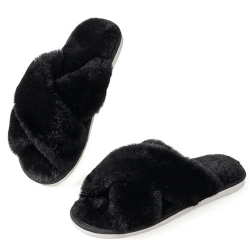 Ankis Women's Fuzzy Slippers Cross Band Memory Foam Open Toe Comfy Soft House Shoes Anti-Slip Indoor Outdoor Gifts for Women