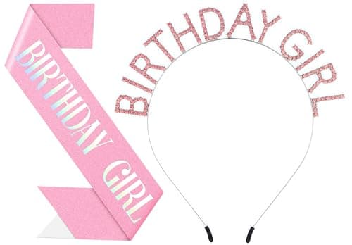 Papoopy Birthday Headband with Sash for Women Birthday Crown Tiara for Decorations Pink