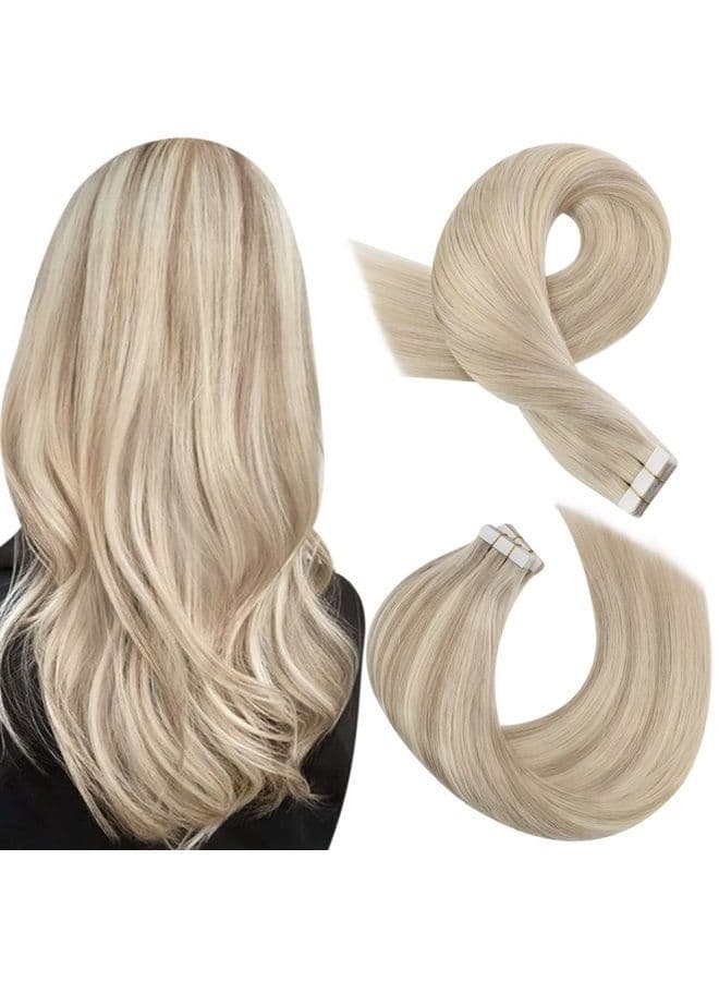 Tape in Hair Extensions Blonde Tape in Extensions Human Hair Seamless Hair Extensions Real Human Hair Tape in Ash Blonde Mix with Bleach Blonde Tape in Real Hair 16 Inch #P18/613 20pcs 50g