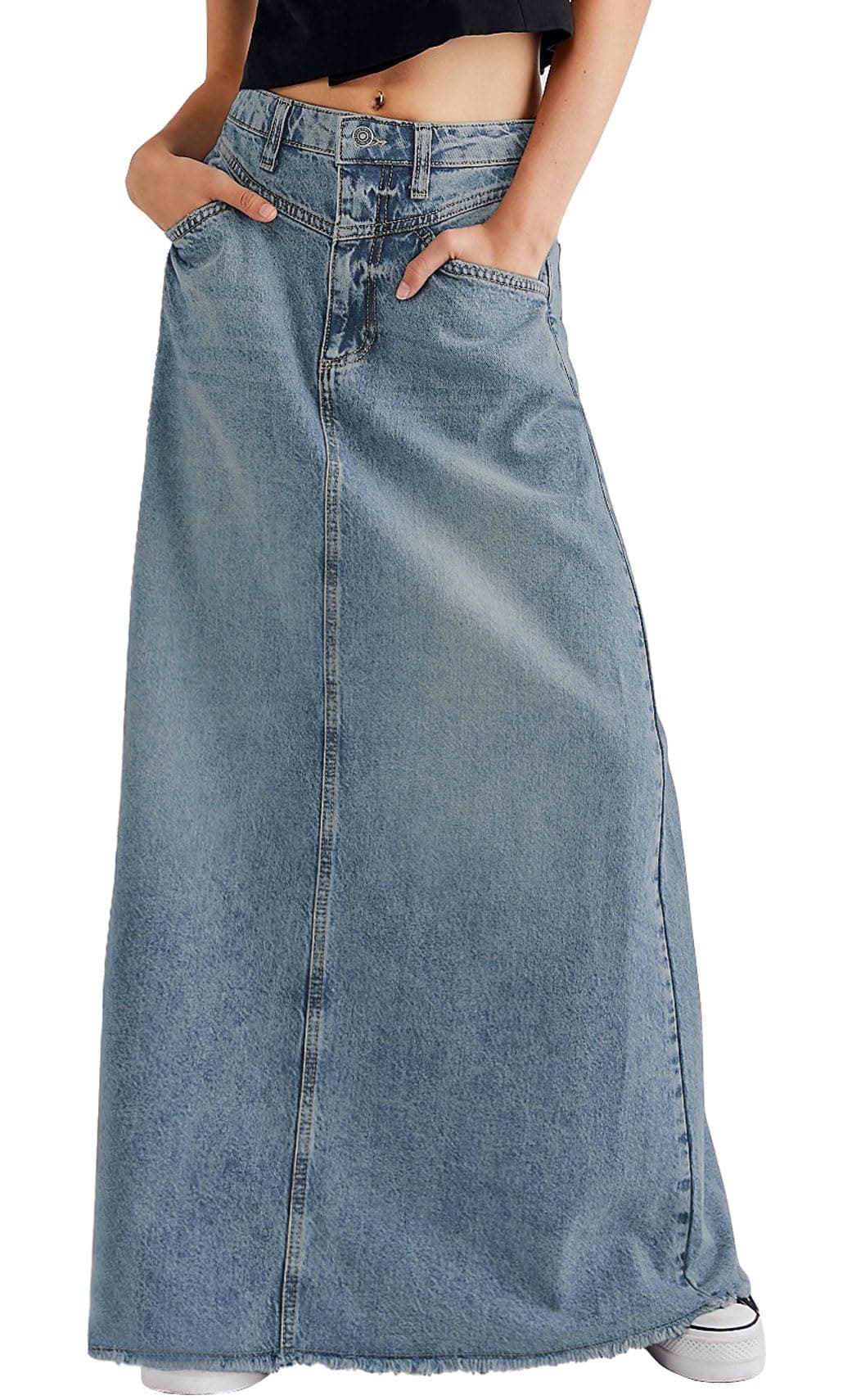 CHARTOU Women Vintage Denim Maxi Skirt Frayed Raw Hem High Waist ALine Long Jean Skirt XSmall Light Blue