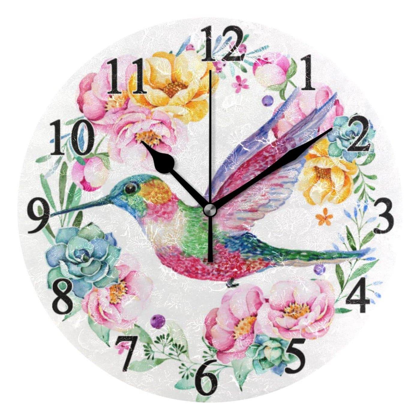 BOENLE Hummingbird Spring Wall Clock Round Kitchen Clock 10 in NonTicking Silent Battery Operated Quartz Atomic Analog Clocks Decorative Living Room Bedroom Home Art Decor