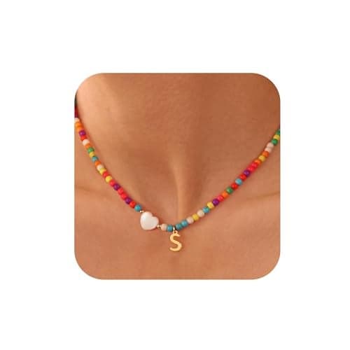Ursteel Initial Necklaces for Women - Boho Beaded Initial Choker Heart Necklace for Women Trendy Letter S Choker Jewelry Personalized Gifts
