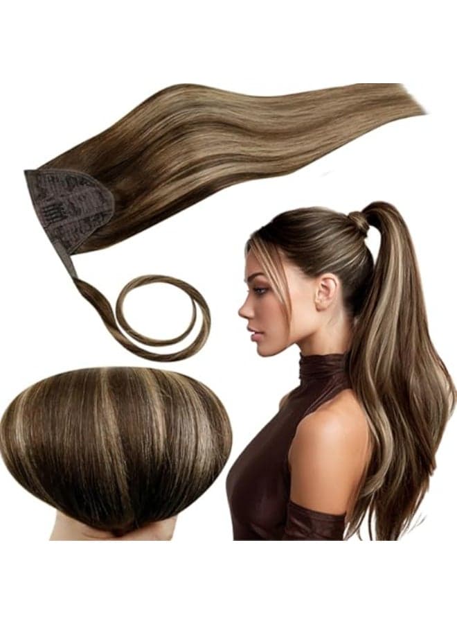 RUNATURE Real Hair Ponytail Extension Long Human Hair Ponytail for Women Straight Remy Natural Ponytail Extension Add Length 20 Inch 80g 4274 Balayage Brown to Strawberry Blonde