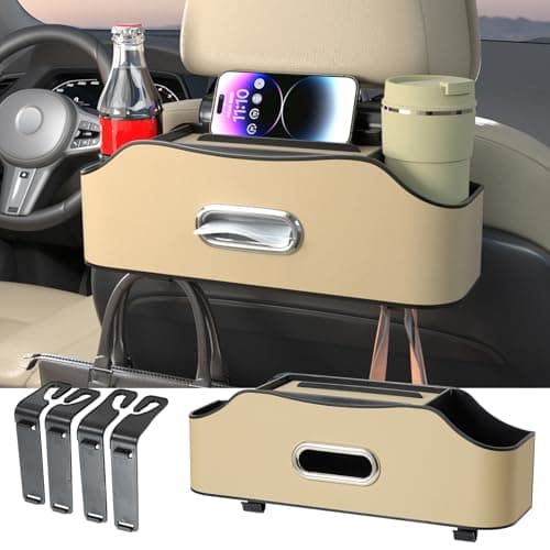 Sancaral Back Seat Cup Holder for Car – Multifunctional Rear Seat Organizer with Drink Holders, Tissue Box Storage & Hooks, Fits Headrest for Auto, Family Travel Accessories. (Beige)