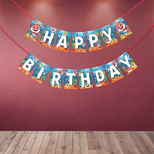 WOBBOX Happy Birthday Bunting Banner Baby Shark Theme Water Background & White Font, Birthday Party Decoration Item, Party Decoration Items