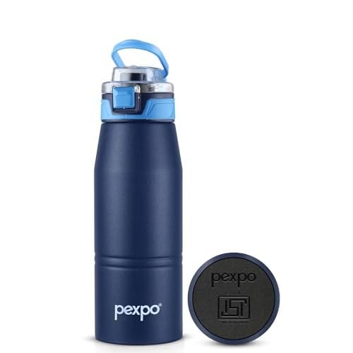 Pexpo Atlas 800 ISI Certified Stainless Steel Vacuum Insulated Flask - 740ml | Double Wall | Flip Top Cap | Hot & Cold Water Bottle for Adults | Ideal for Home, Office, Gym, Outdoor - Denim Blue