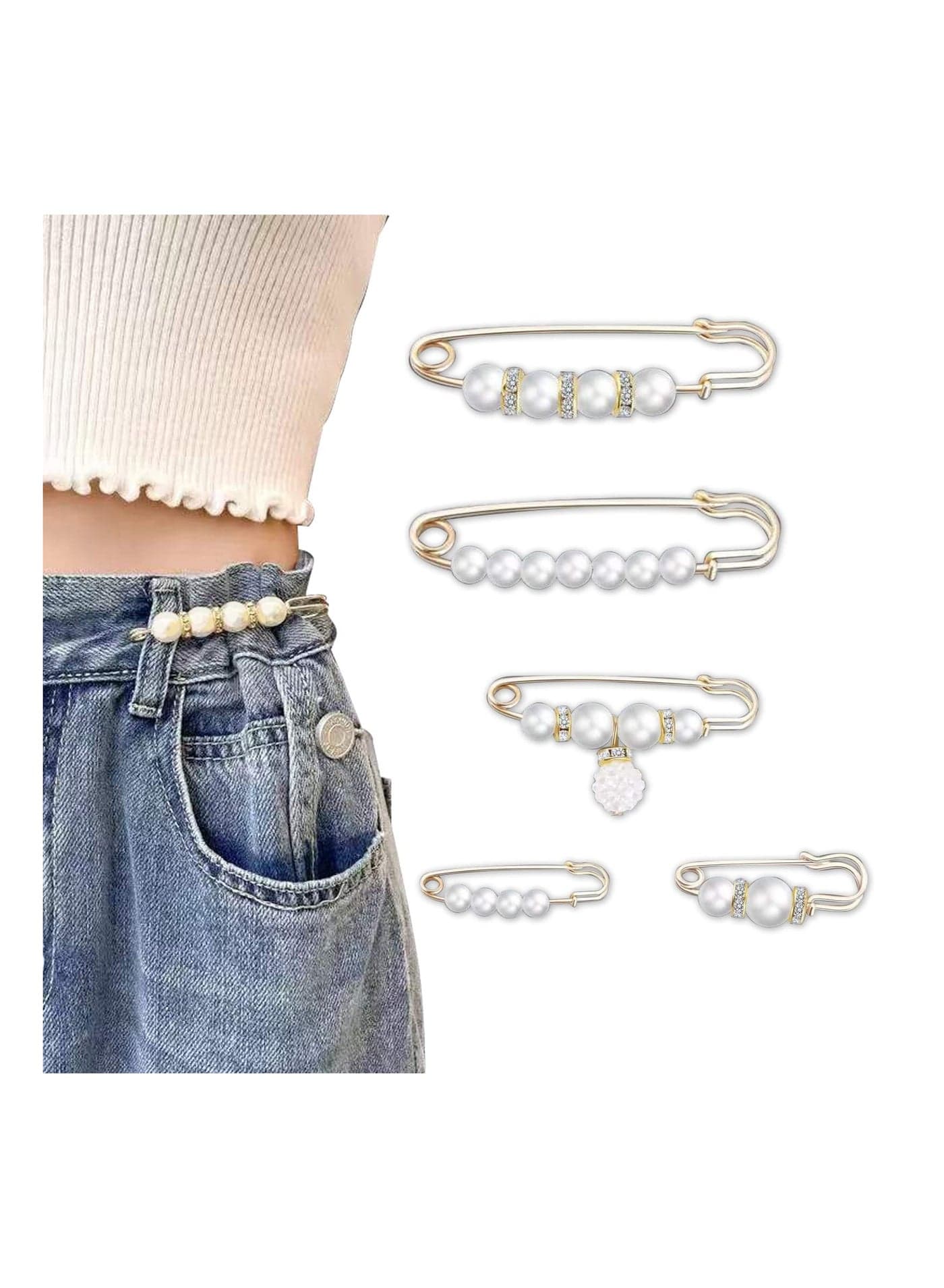 5 Pcs KASTWAVE Pearl Brooch Pins for Women, Fashionable Double Gold Brooches for Crafts, Sweater Shawl Clips, and Waist Pants Extenders (White) - Perfect Safety Pins for Any Outfit.