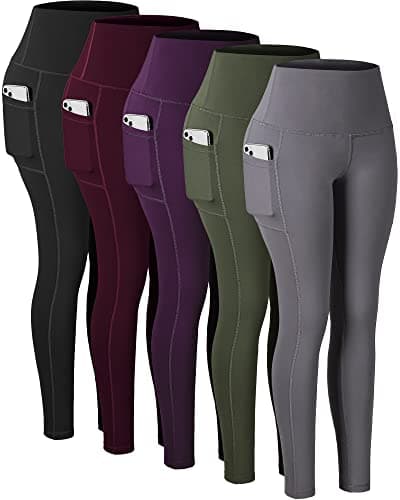CHRLEISURE Leggings with Pockets for Women, High Waisted Tummy Control Workout Yoga Pants(5 Packs, Black,Gray,Green,Purple,Cassis, L)