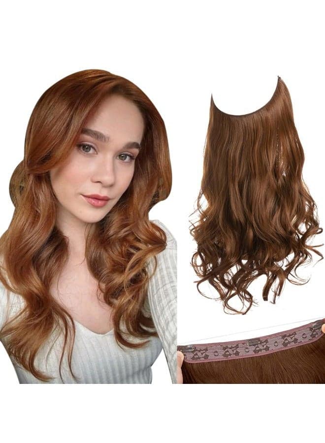 Invisible Wire Hair Extensions with 3 Clips Long Synthetic Wavy Curly Hairpiece Adjustable Transparent Headband for Women 18 Inch Light Auburn