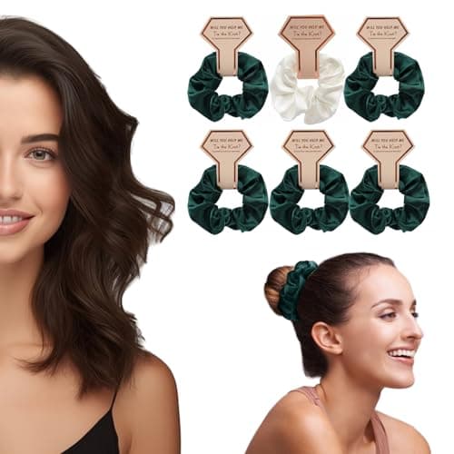 OWITER Satin Bridesmaid Scrunchies Bachelorette Hair Ties Set of 6 Bridal Shower No Damage Hairties ideas Gift for Wedding Party dark green