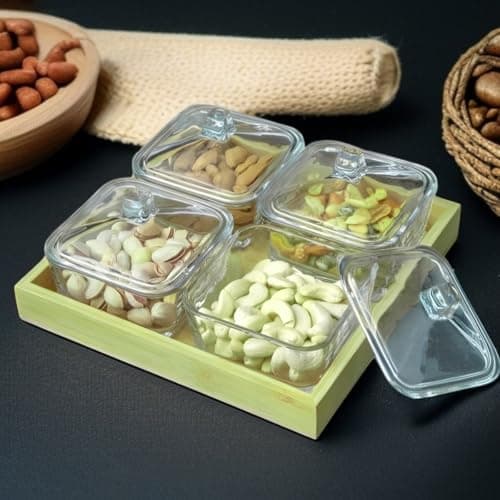 Inovique Enterprises 4+1 Dry Fruit Serveware Set | Wooden Tray | 250ml Glass Bowls | NOT Airtight Lids | Snack Serving Set for Home, Kitchen, Dining Table