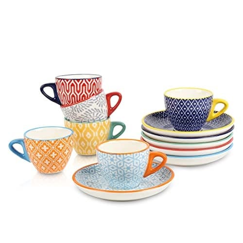 Selamica Ceramic 2 oz Espresso Cups, Small Expresso Coffee Cup Set with Saucers, Porcelain Mini Demitasse Cups for Latte Mocha Tea, Set of 6, Assorted Colors