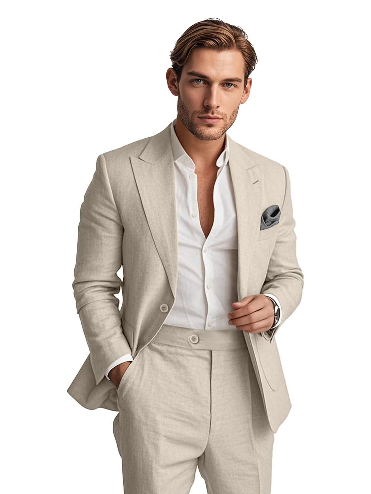 Lanshion Mens Linen Suit 2 Piece Summer Casual Business Slim Fit Blazer Set for Beach Weddings Parties Tuxedo Jacket Pants Beige XXLarge