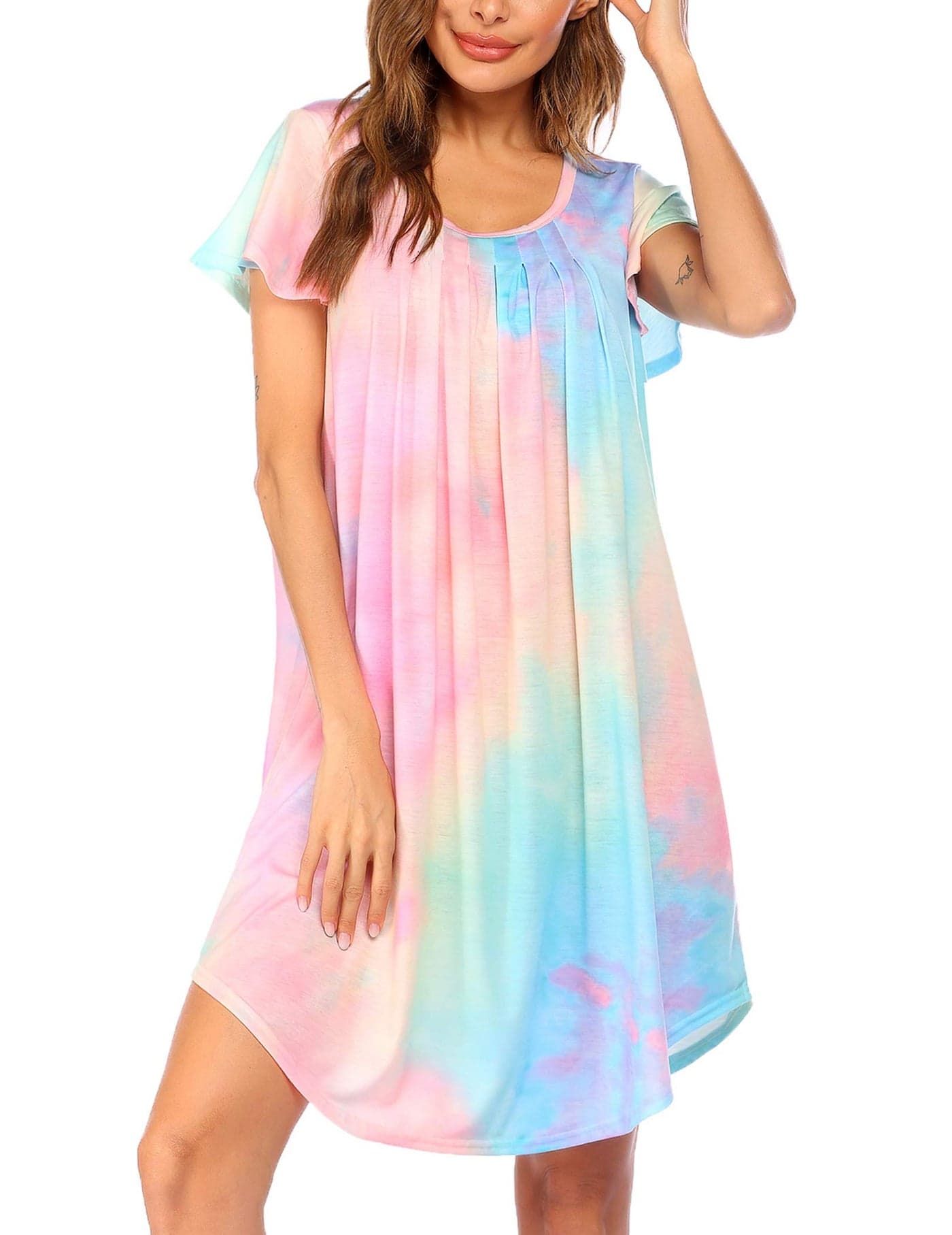 Ekouaer Womens Nightgown Soft Sleepwear Pleated Sleepshirt Sleep Dress Short Sleeve Nightdress Tie Dye PINK Blue XL