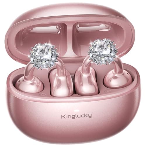Kinglucky Clip-On Open Ear Earbuds with Detachable Diamond Earrings, Bluetooth 5.4 Open Ear Wireless Headphones for Women, 40H Playtime, Comfortable Small-Ear Fit, Rose Gold