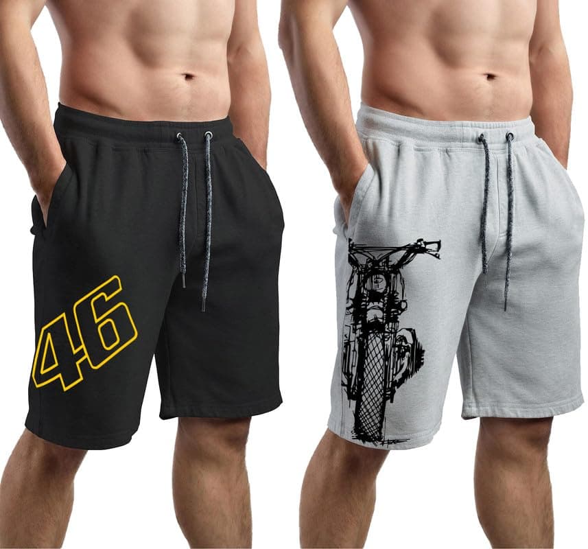hotfits Men's Casual Cotton All Season Soft Feel Fabric Printed Regular & Workout Shorts, Elastic Waist Running with 2 Side Pockets - Pack of 2 - XL, Multicolor