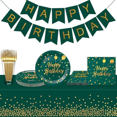 WXLDGHQ Serves 35 Guests Happy Birthday Paper Plates Party Supplies,7 Inch Dark Green and Gold Happy Birthday Disposable Paper Plates Napkins Forks Tablecloths Banner for Party Decorations