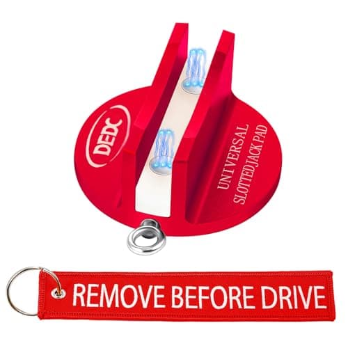 DEDC Universal Aluminum Grooved Magnetic Jack Pad Red 1 Pc, Jacking Puck Pinch Weld Frame Rail Adapter with 1 Reminder Streamer, Car Accessories for Men