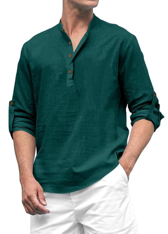 ROYALSCOUT Men's Cotton Blend Solid Short Kurta with Band Collar and Half Button Front | Full Sleeve Relaxed Fit Traditional Top for Everyday and Occasion Wear Green