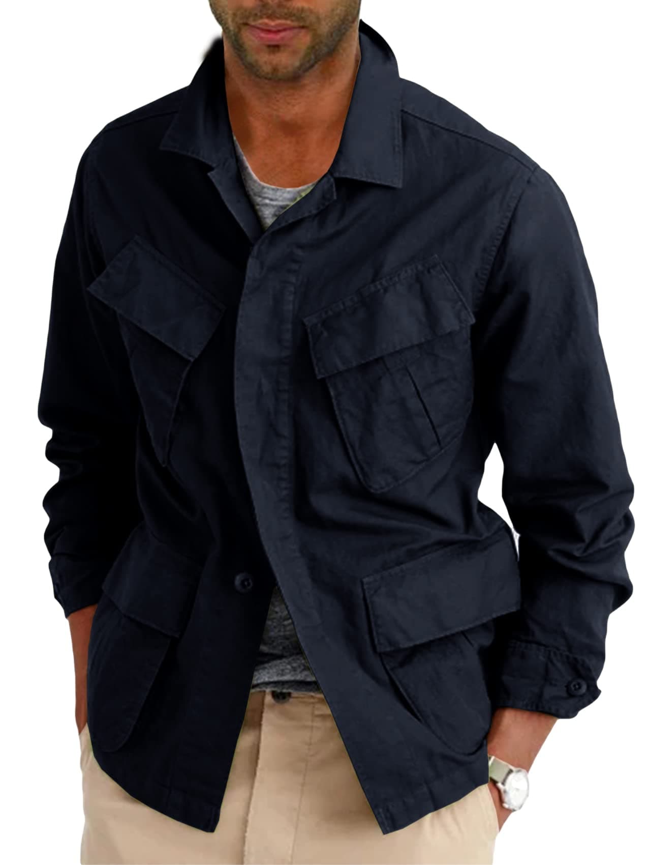 Runcati Mens Lightweight Safari Jacket Button Up Cotton Outdoor Military Cargo Long Sleeve Outwear Navy