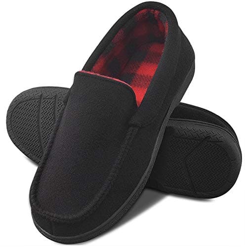 DL Men's Memory Foam Moccasin Slippers Breathable Moccasin Slippers Micro Wool House Shoes Anti-Slip Sole Indoor Outdoor, Black, 11
