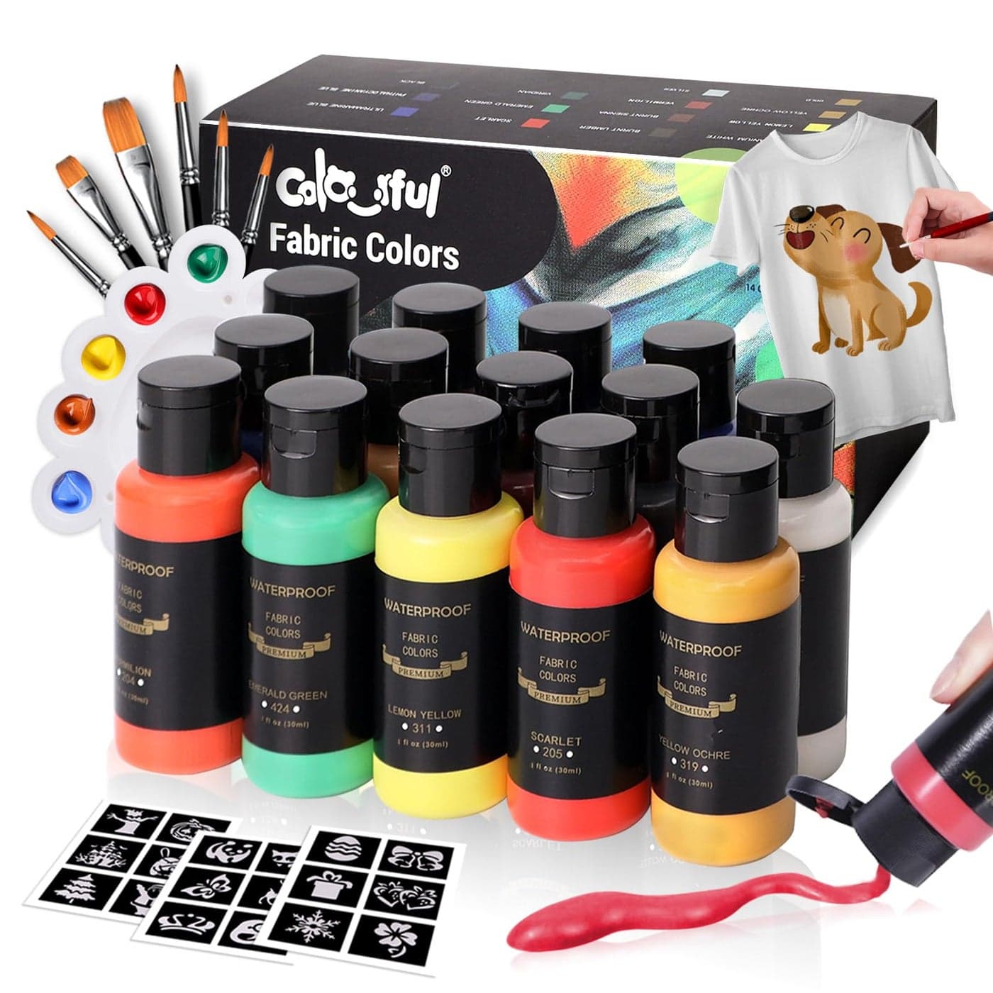 Colorful Permanent Fabric Paint 14 Colors Soft Fabric Paint in Bottles 30ml1oz with Brushes Palette NonToxic Textile Paint for Creative DIY Clothes TShirts Shoes Art and Crafts
