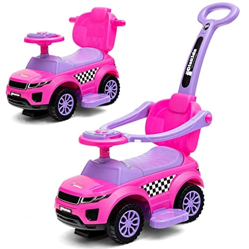 OLAKIDS 4 in 1 Ride on Push Car Toddlers Stroller Sliding Walking with Horn Music Lights Removable Guardrails and Handle Underneath Storage Baby FoottoFloor Walker Boys Girls Pink