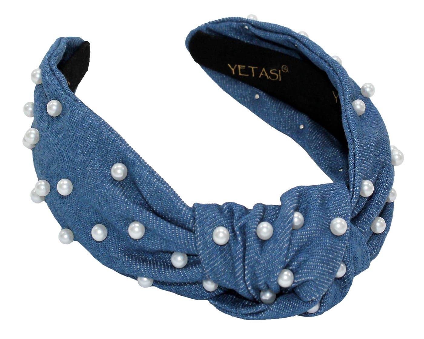 YETASI Blue Knotted Headband for Women with Pearls is a Comfy Denim Pearl Headbands for Women Fashion Dark Blue Jean Girls Head bands Top Knot Thick for Hair