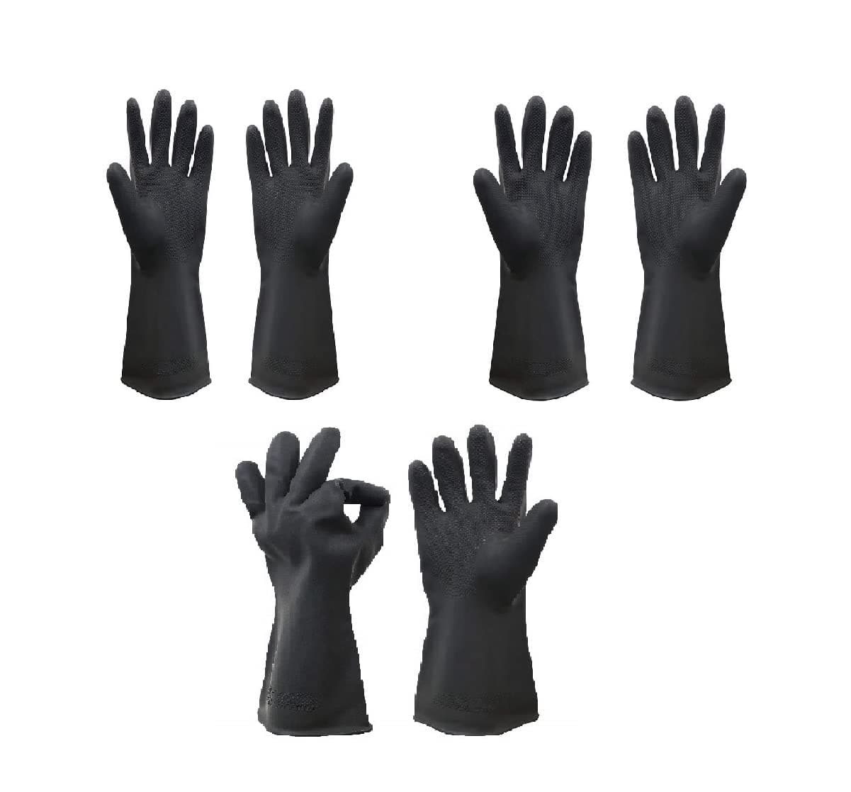 Ekon Combo of 3 Latex Non Slip Multipurpose Heavy Duty Reusable Safety Rubber Hand Gloves For Chemical Resistance Protective Lab Gardening Industrial Building Construction Agriculture Work Men Black