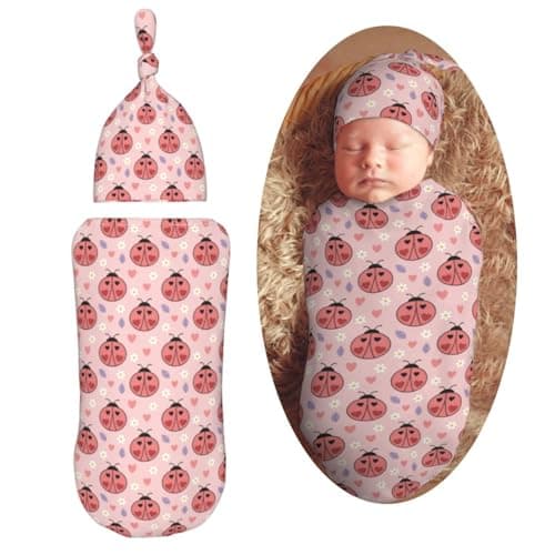 Muishi Ladybugs Hearts Flowers Newborn Swaddle Blankets Hat Sets Soft Baby Receiving Blanket Swaddle Sack for Baby Shower Infant Boy Girl Gift