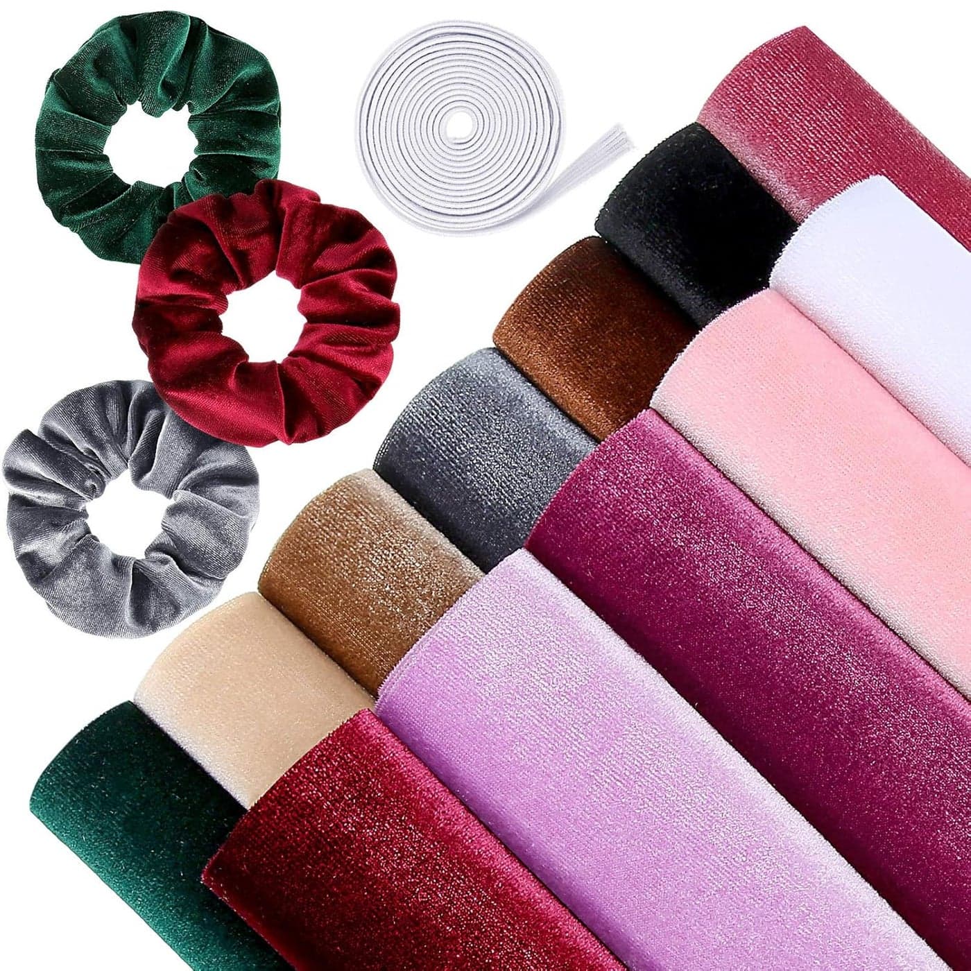 Chuangdi 12 Pieces Velvet Fabric 12 Colors Velvet Hair Scrunchies Making Kit with 1 m Elastic Bands Tie Ropes for Women DIY Hair Supplies