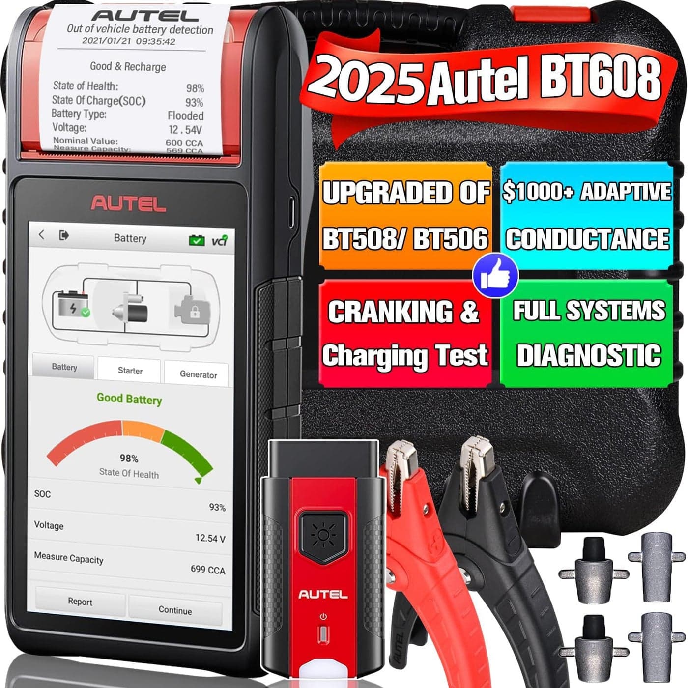 Autel MaxiBAS BT608 E Car Battery Tester 2025 Up of BT508 BT506 Adaptive Conductance Worth 1000 Cranking Charging Test as BT609 Battery Reset MK808S MX808S Full Systems Builtin Printer