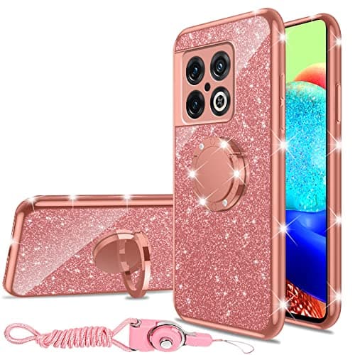 nancheng for OnePlus 10 Pro 5G Phone Case Cute Girls Women Luxury Glitter Soft Clear Silicone Phone Case with Ring Kickstand Shockproof Protection Cover - Rose Gold