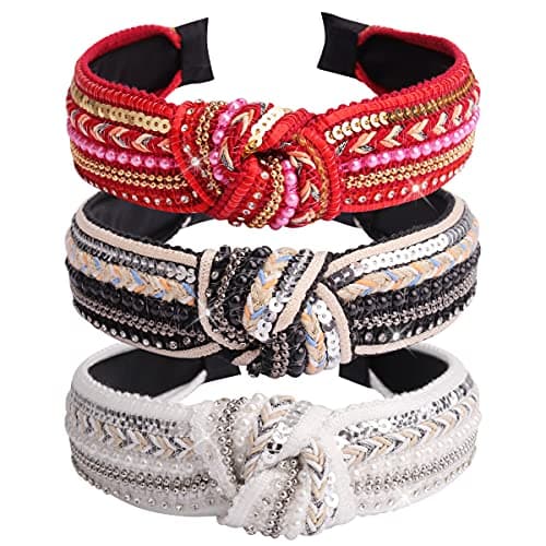 TOBATOBA Knotted Headbands for Women - Sequins Pearl Top Knot Turban Boho Headbands - Beaded Wide Fashion Elegant Ladies Hair Bands 3 Pack (Black, White, Red)