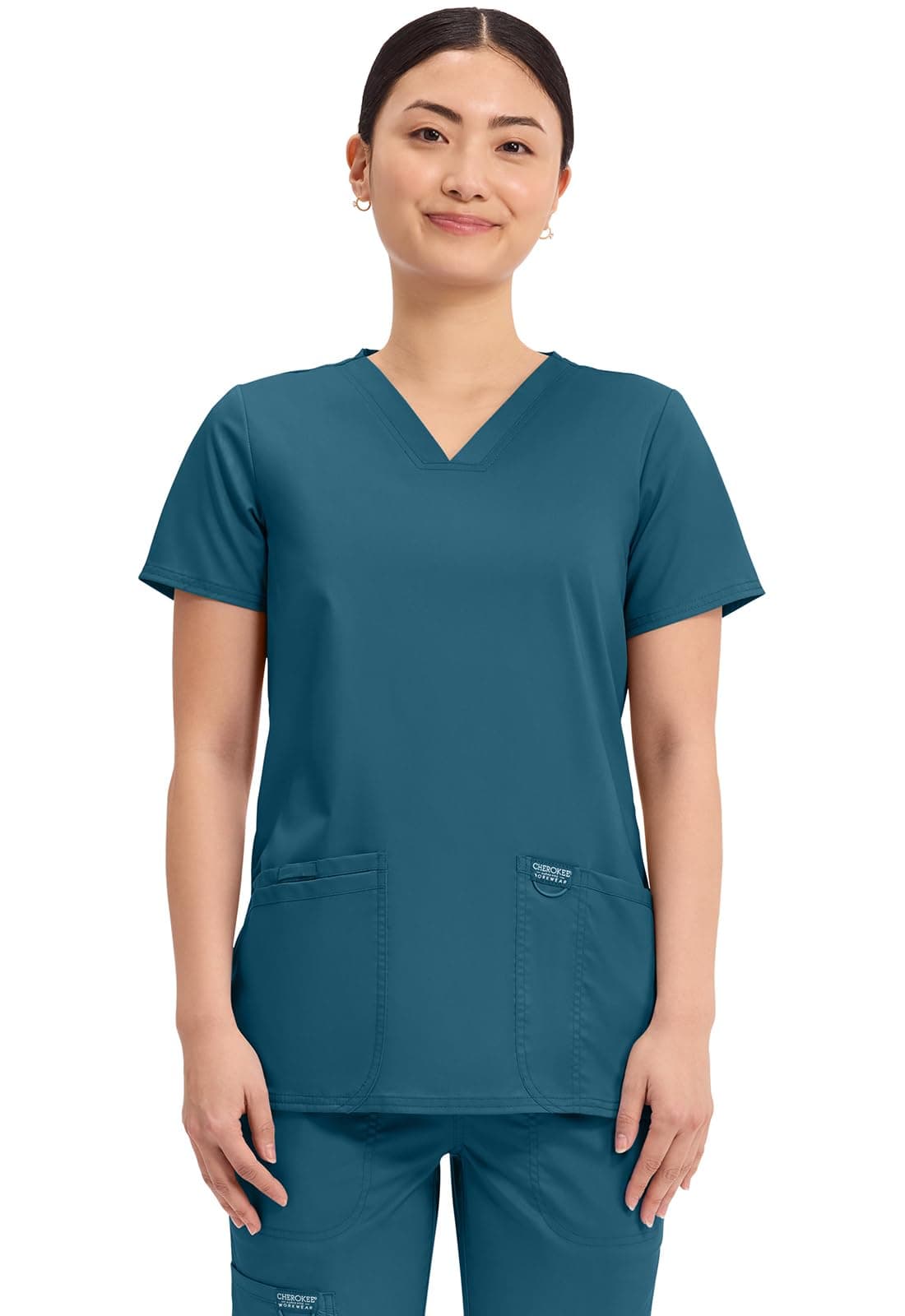 Cherokee Women's V-Neck Top, Caribbean Blue, Large