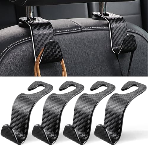 LivTee Car Purse Hook 4 Pack Universal Auto Seat Headrest Hook Hangers Organizer for Coats Umbrellas Groceries Carbon Fiber Black