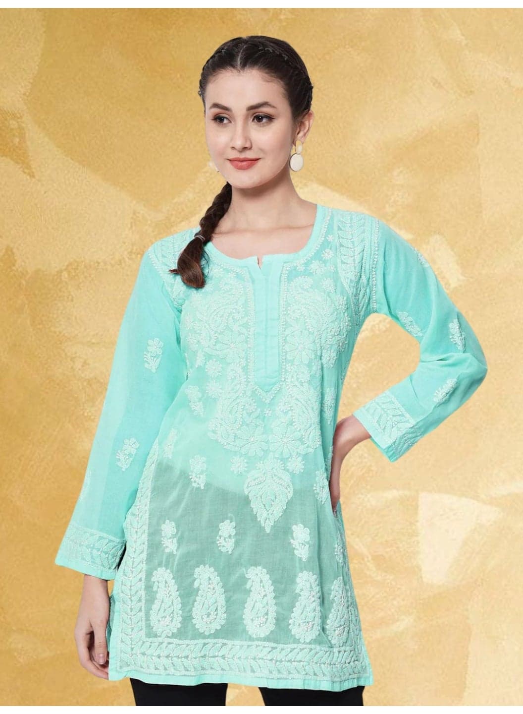 Hand Embroidered Chikankari Cotton Straight Kurti-AL3595