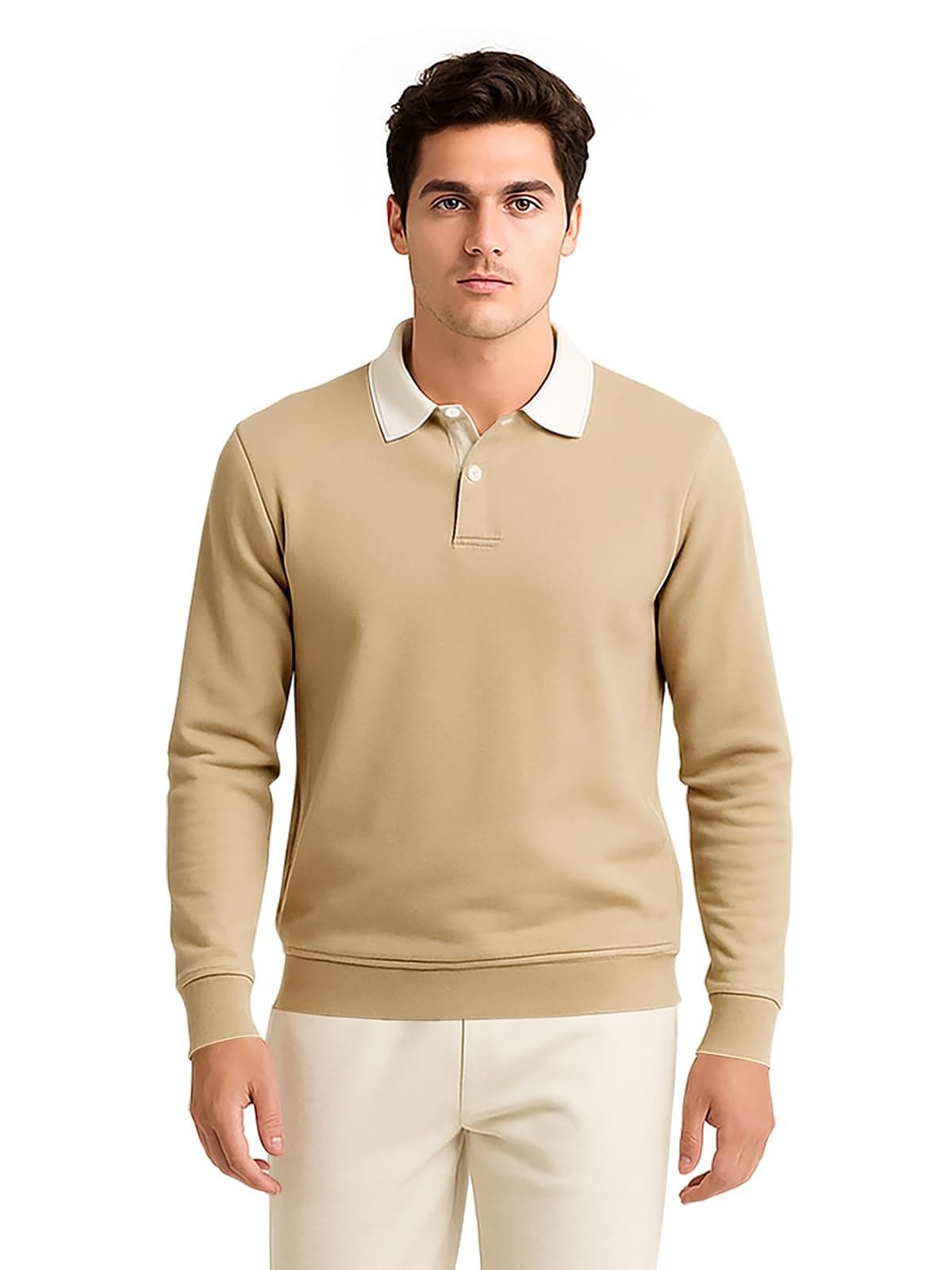 BULLMER Solid Polo Neck Full Sleeve Cotton Blend Tshirt with Rib for Men | Stylish Full Hand Tshirt for Men_Khaki_Large