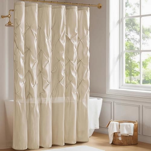 Madison Park Laurel Semi-Sheer Ivory Shower Curtain – Lightweight Faux Silk Fabric, 72x72 in, Light Filtering, Modern Style Bathroom Curtain Textured Tufting Detail Modern Mid-Century Bathroom Decor